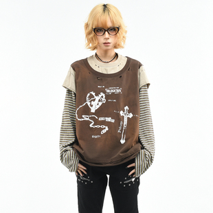 OV原创 做旧水洗破坏假两件拼接长袖 T恤女春季 宽松潮牌上衣男 美式