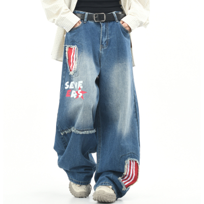 原创美式复古贴布拼接弯刀牛仔裤