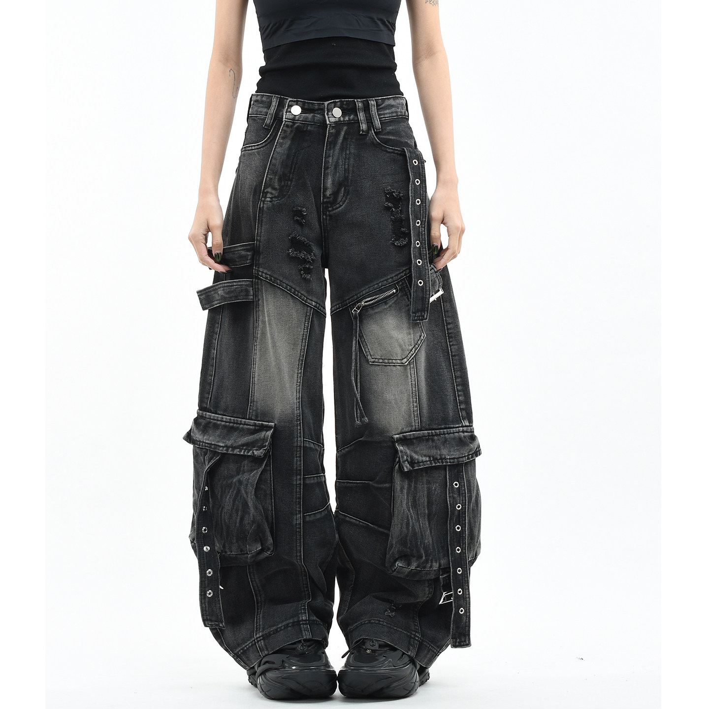 OV原创美式机能多口袋破洞水洗弯刀牛仔裤男女宽松阔腿双门襟长裤,女装/女士精品,牛仔裤,淘宝优惠券,粉丝福利购,淘宝优惠卷