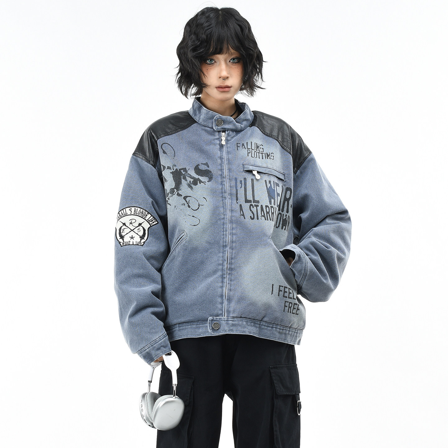 OV原创美式复古做旧牛仔棉服外套女冬季宽松皮革拼接保暖棉衣男潮