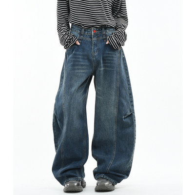 原创美式廓形解构拼接弯刀牛仔裤