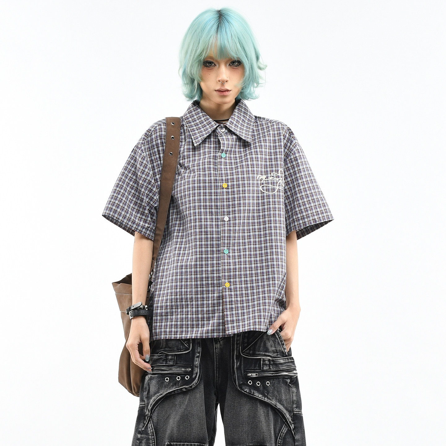 OV原创夏季新款美式复古格子短袖衬衫女宽松学院风彩色纽扣上衣男