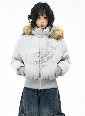 OV原创美式毛领可拆卸收腰连帽棉服女冬季短款显瘦保暖棉衣棉袄潮