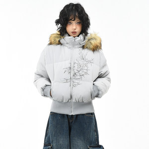 OV原创美式毛领可拆卸收腰连帽棉服女冬季短款显瘦保暖棉衣棉袄潮