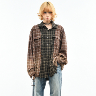 OV原创美式复古格子撞色毛边长袖衬衫女春季宽松脏染做旧衬衣男潮