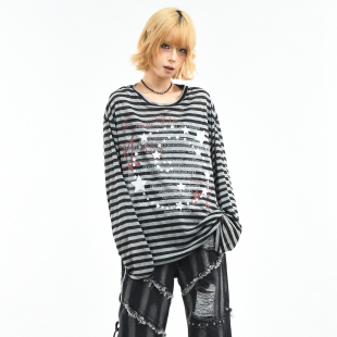 宽松休闲条纹罩衫 OV原创 T恤女春季 长袖 潮 街头亚文化星星印花薄款