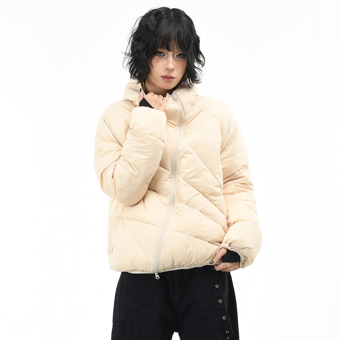 原创90白鸭绒排骨斜拉链羽绒服潮