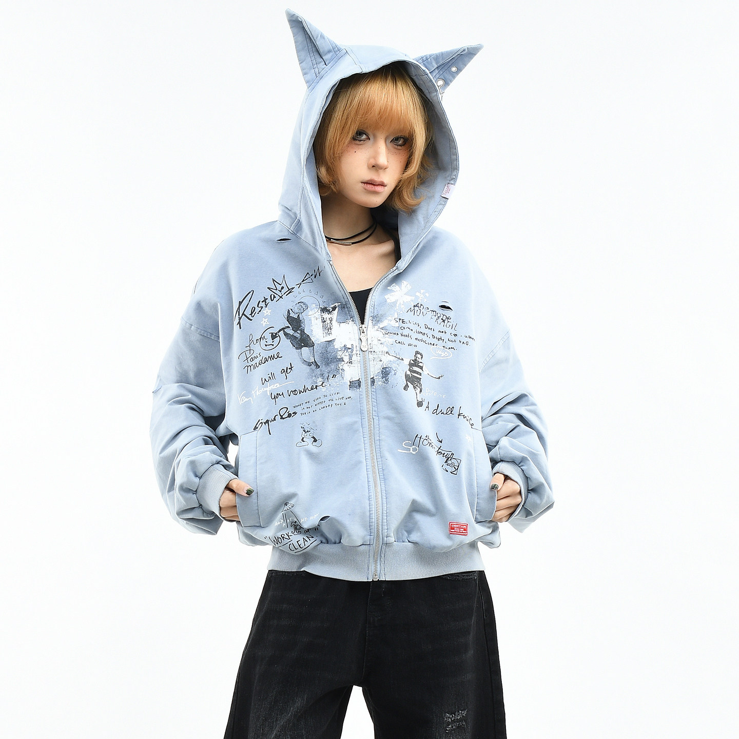 OV原创美式复古涂鸦犬耳朵连帽卫衣女春季宽松做旧水洗开衫外套男,女装/女士精品,卫衣/绒衫,淘宝优惠券,粉丝福利购,淘宝优惠卷