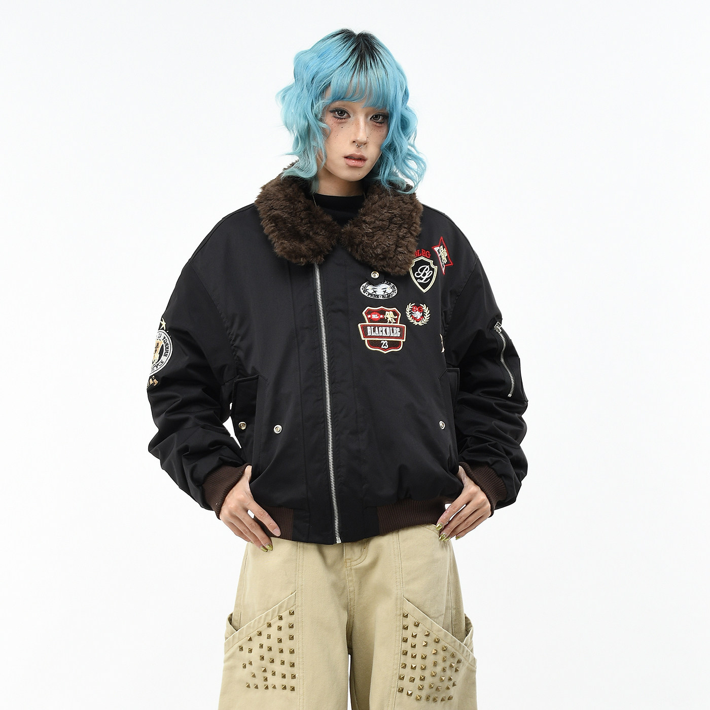 原创美式复古徽章刺绣飞行棉服潮
