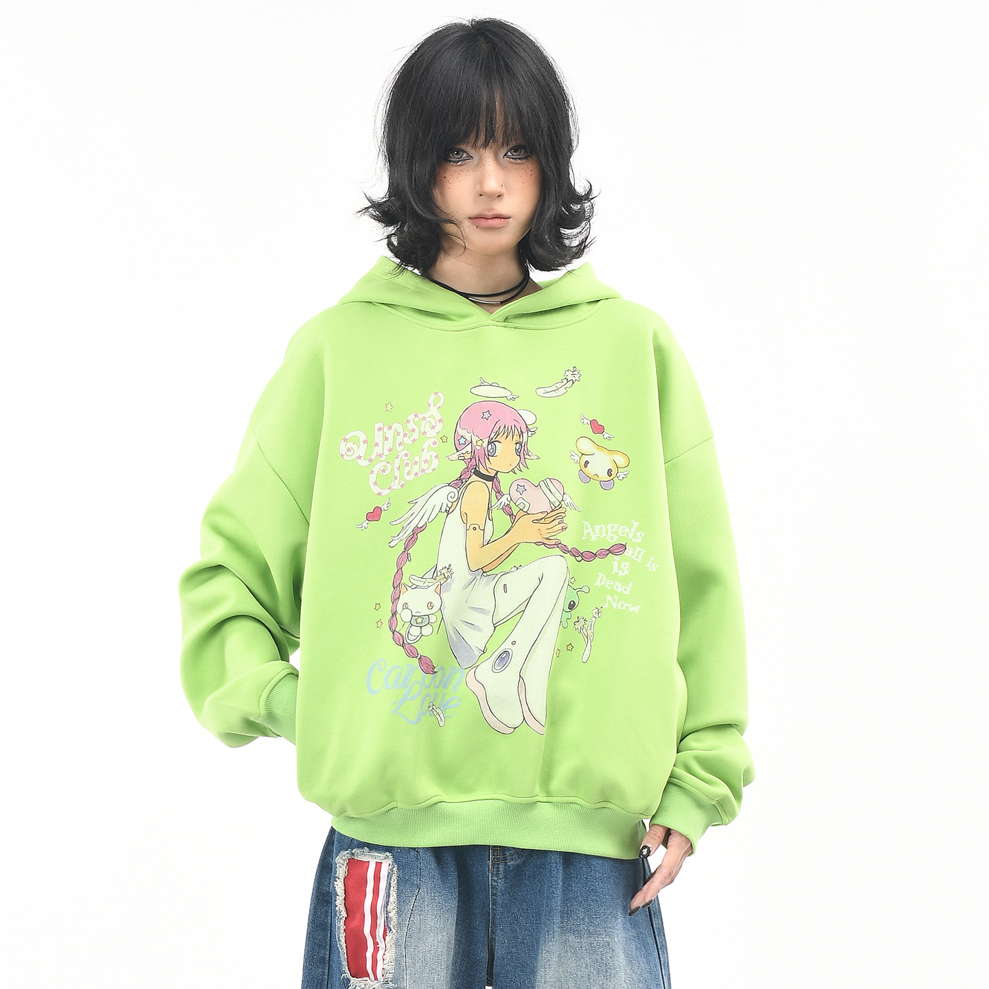 原创卡通少女印花连帽短款卫衣潮