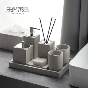 简约砂岩洞石卫浴方形洗漱套件乳液瓶电动牙刷架漱口杯香薰瓶套装
