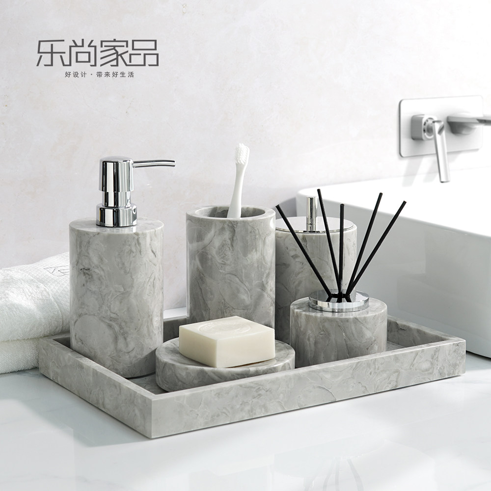 轻奢灰天然大理石卫浴套件浴室用品洗漱套装洗手台托盘香薰摆件