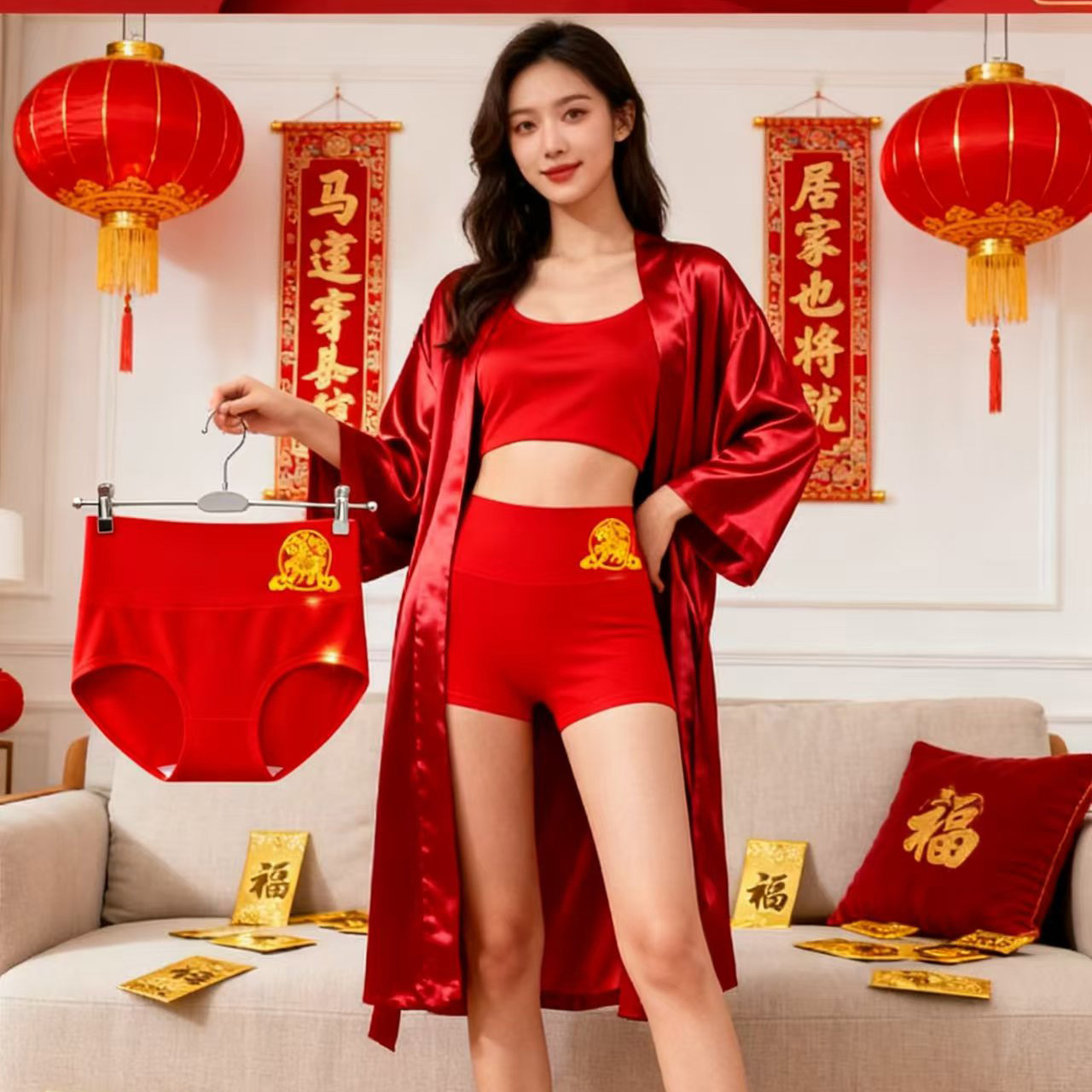 2026马年纯棉本命年内裤女士纯棉高腰结婚礼物大红色新年短裤套装