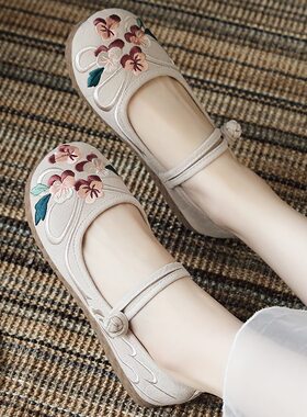 棉麻老北京布鞋女款配汉服绣花鞋平底民族风刺绣系带浅口休闲单鞋