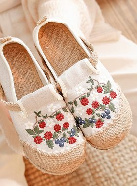24春秋一脚蹬老北京布鞋女款绣花鞋亚麻休闲软底透气民族风大头鞋