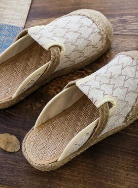 拖鞋女夏季外穿厚底防滑防臭平底懒人一脚蹬原创亚麻手工韩版凉拖