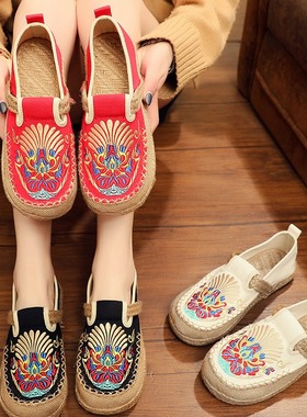 新款亚麻老北京布鞋女平底民族风圆头透气懒人鞋一脚蹬手工绣花鞋
