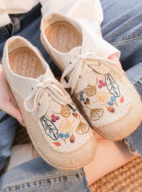 25夏季新款老北京布鞋女平底民族风刺绣学院风绑带低跟亚麻绣花鞋