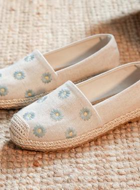 夏季渔夫鞋女老北京布鞋手工亚麻平底休闲透气一脚蹬舒适绣花单鞋