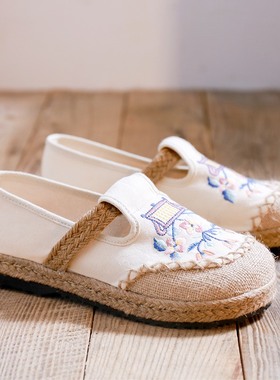 老北京布鞋女款夏渔夫鞋厚底一脚蹬懒人亚麻编织学院风平底绣花鞋