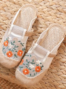 夏季网布凉鞋女外穿软底透气网纱亚麻吸汗包头民族风老北京布鞋新