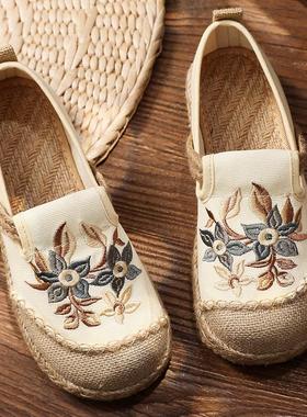 新款夏季渔夫鞋女老北京布鞋民族风刺绣亚麻平底一脚蹬懒人大头鞋
