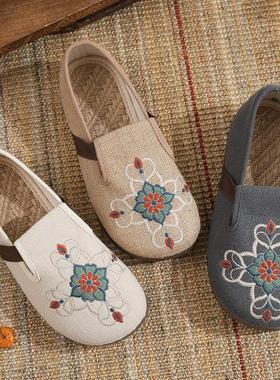 春款平底老北京布鞋女一脚蹬懒人鞋休闲软底透气大头鞋棉麻女单鞋