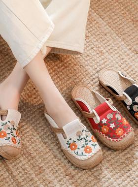 包头半拖鞋女平底拖鞋外穿刺绣老北京布鞋亚麻绣花鞋懒人一脚蹬夏