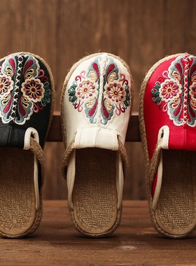 外穿女拖鞋男女同款情侣拖包头亚麻透气布鞋懒人一脚蹬民族风大码