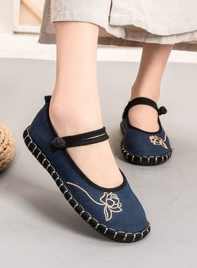 千层底老北京布鞋女款平底配汉服妈妈民族风防滑全手工棉麻绣花鞋
