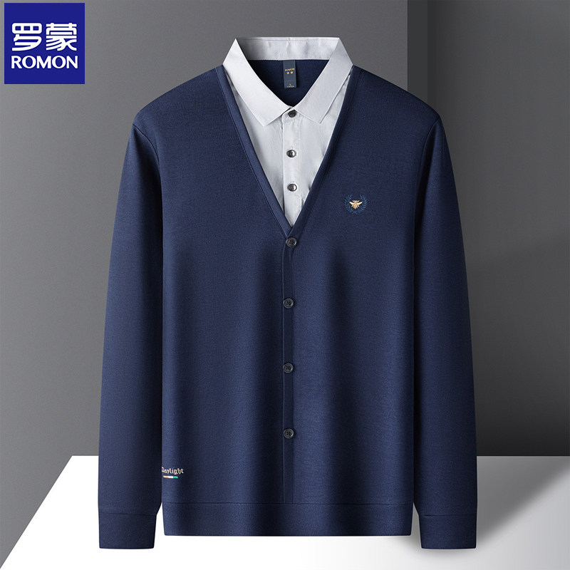 罗蒙假两件绣花衬衫领长袖针织衫