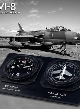 AVI-8英国品牌多功能GMT两地时间座钟摆设装饰品简约现代新品黑色