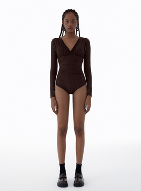 KAMENCAT2026新款棕色V领泳衣女连体长袖法式复古三角泡温泉度假