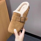 磨砂皮一脚蹬勃肯拖鞋 女外穿2025秋冬季 真皮复古包头棉拖鞋 断码