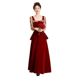 长袖敬酒服新娘女宴会2026新款秋冬订婚礼服裙回门法式出阁酒红色