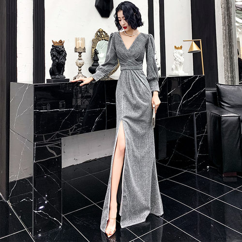 宴会新款高端大气v领名媛晚礼服