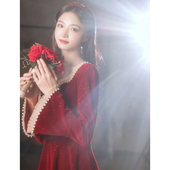 敬酒服新娘女回门秋冬丝绒红色订婚礼服裙长袖 连衣裙2026新款 结婚