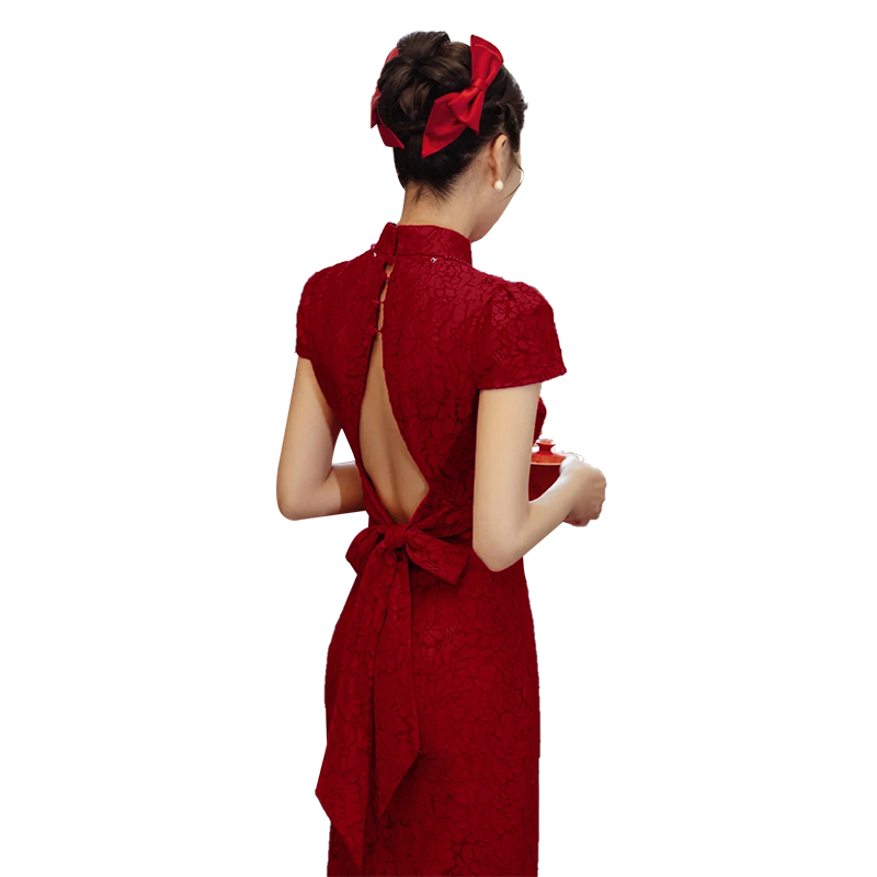 红色旗袍敬酒服新娘订婚礼服女新中式出门纱露背夏季大气2025新款