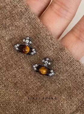 甜酷风！ins高级感虎眼石土星超闪锆石耳环小众精致轻奢耳钉耳饰~