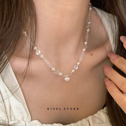 KISOL韩系白水晶爱心吊坠项链女~