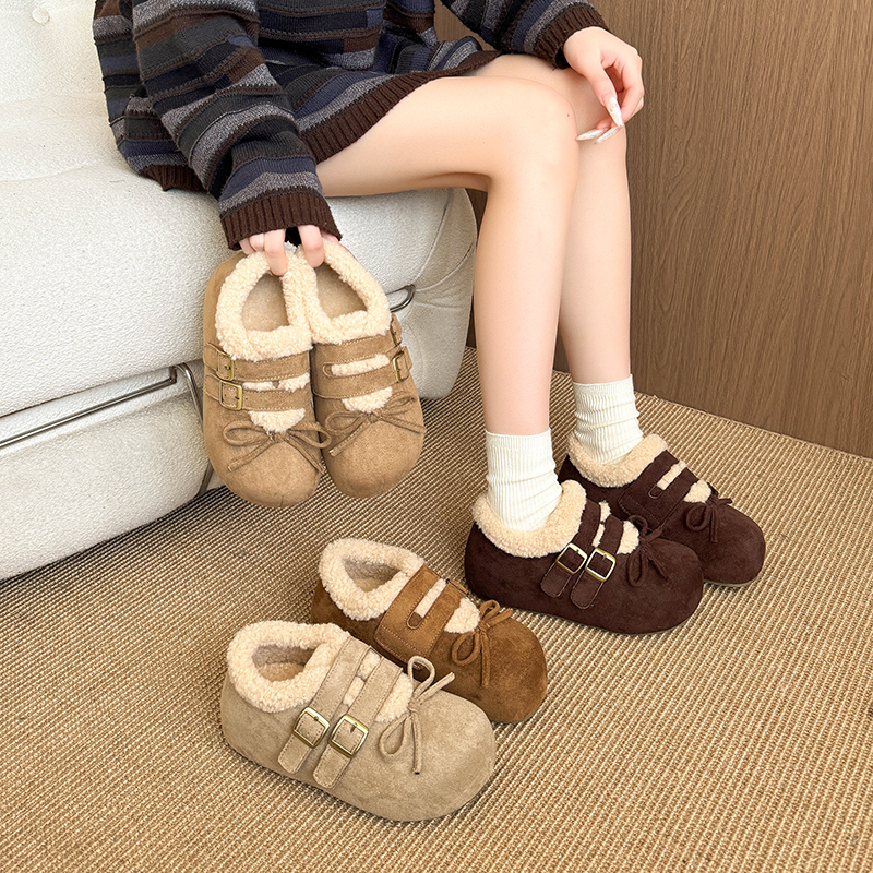 加绒厚底勃肯鞋2025新款内增高毛绒棉鞋女冬季蝴蝶结毛毛雪地靴女