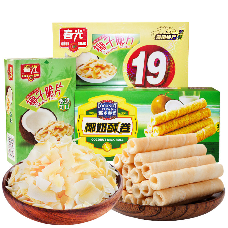 海南特产 春光椰奶酥卷158克+原味椰子脆片60克 礼盒装
