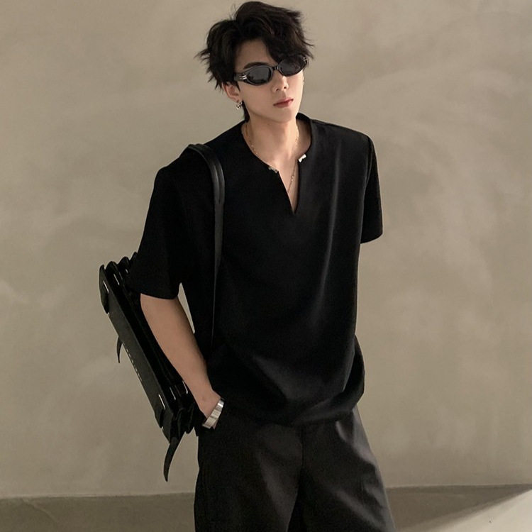 美式高街V领垫肩短袖t恤男款夏季学院风潮牌休闲纯色正肩半袖上衣