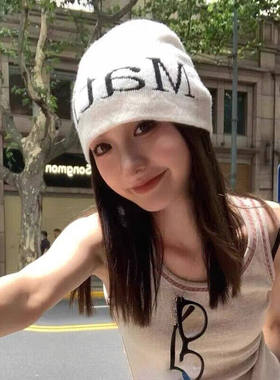 韩国matink灰色针织帽子毛线帽字母大头围显脸小堆堆帽秋冬冷帽女