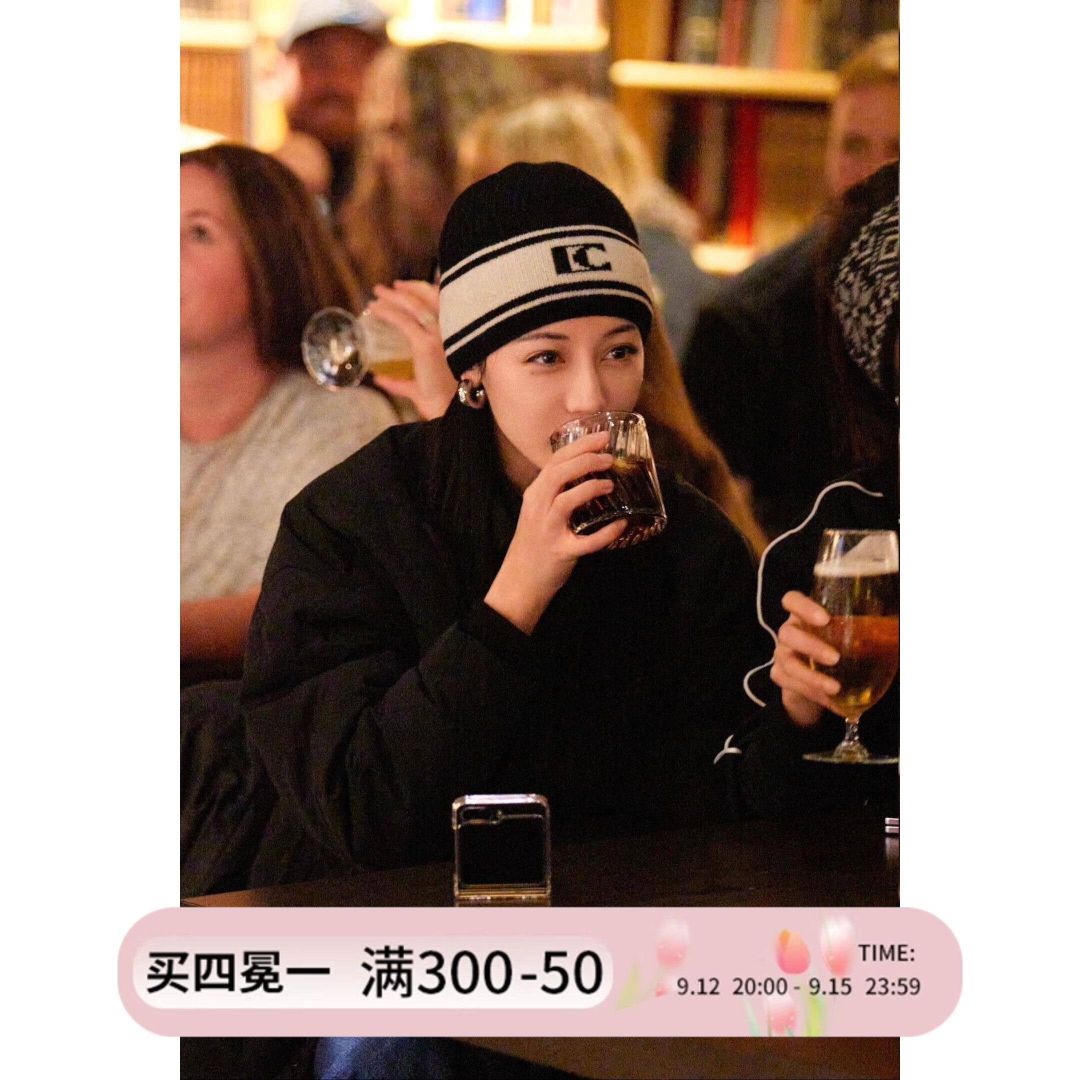 迪丽热巴同款羊毛针织帽LC黑白字母小香风毛线帽子护耳百搭冷帽冬