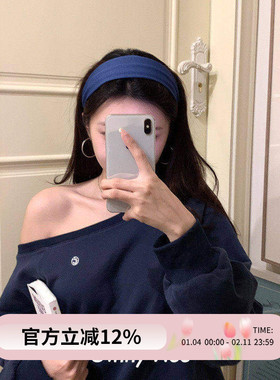 超显白艺术生发箍~藏蓝色条纹针织宽边头箍韩女ins高颅顶气质发卡