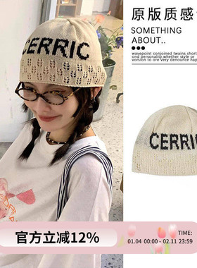 Mona韩国博主同款cerric字母帽子冷帽薄款ins镂空针织百搭毛线帽