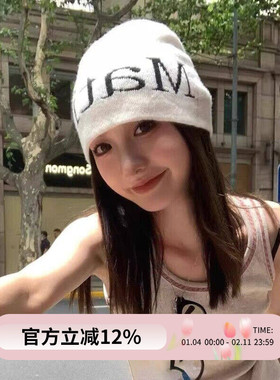 韩国matink灰色针织帽子毛线帽字母大头围显脸小堆堆帽秋冬冷帽女