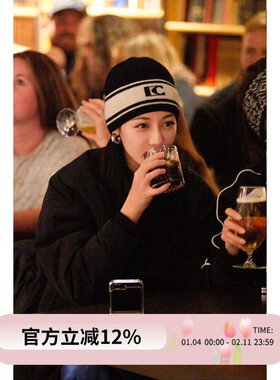 迪丽热巴同款羊毛针织帽LC黑白字母小香风毛线帽子护耳百搭冷帽冬