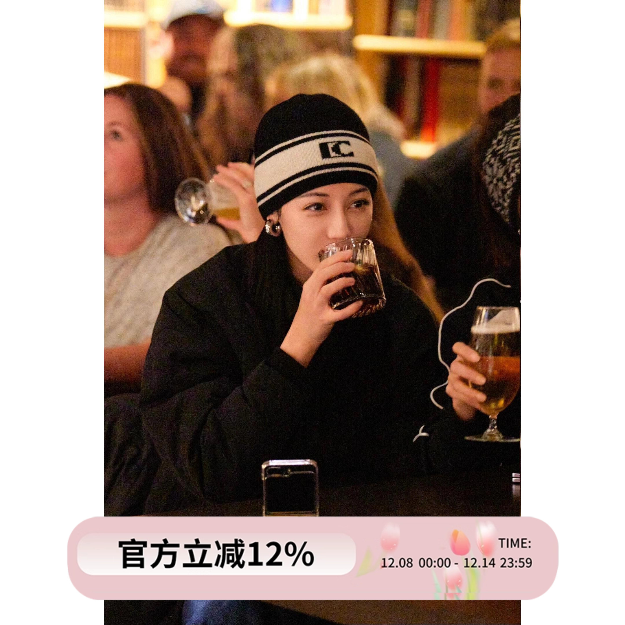 迪丽热巴同款羊毛针织帽LC黑白字母小香风毛线帽子护耳百搭冷帽冬